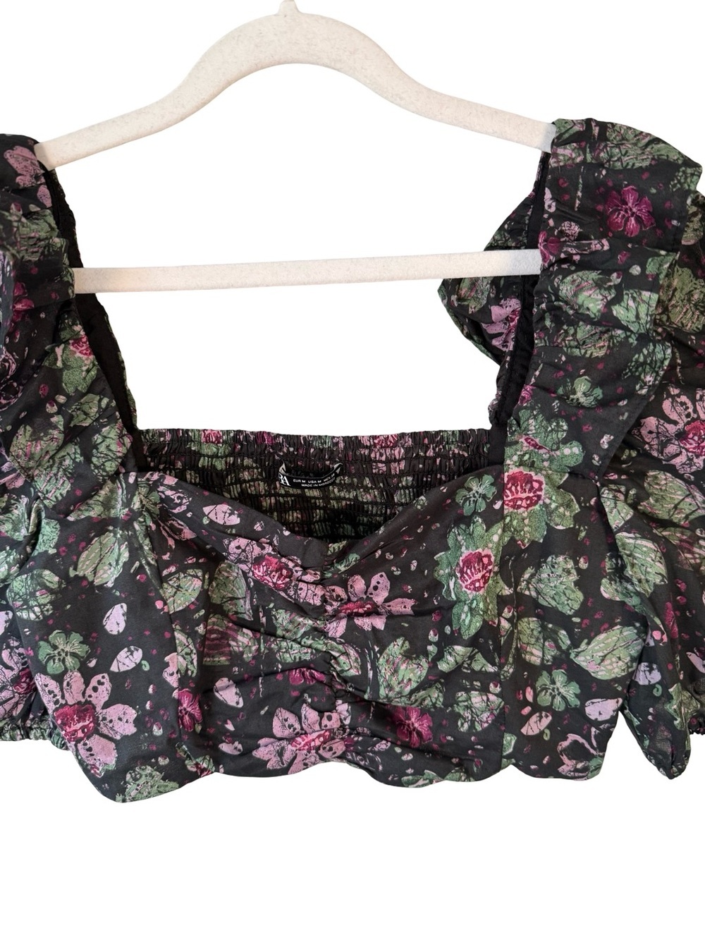 Zara Floral Puff-Sleeve Crop Top in Black and Green Size M Boho Festival - Picture 8 of 10